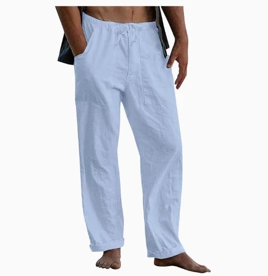 Men's Cotton Len Pants Joggers Sweatpants Streetwear Breathable Solid Color Len Trousers Vacation Summer Loose Pants