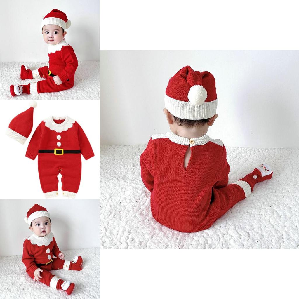 Adorable Christmas Baby Knitted Romper Jumpsuit Outfit W/ Santa Claus Sweater Hat