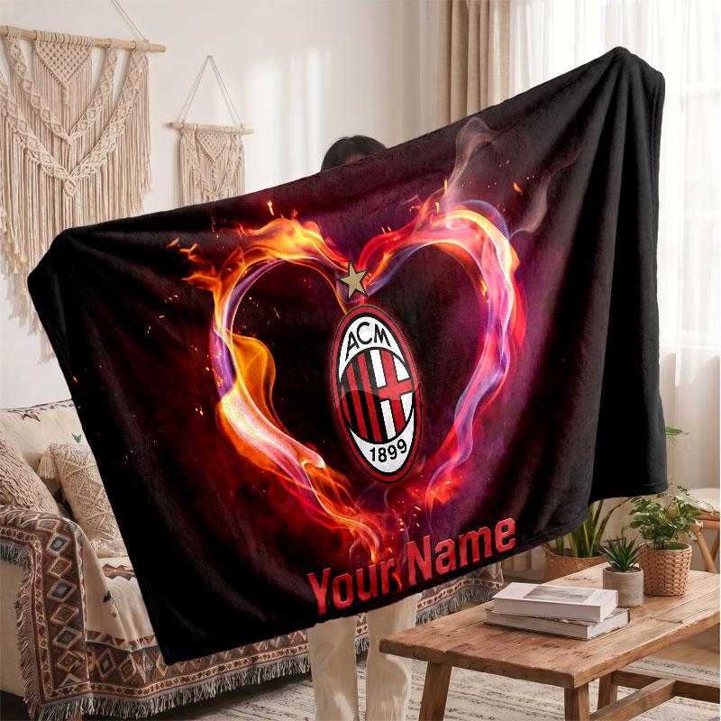 Coperta in Pile Personalizzata AC Milan con Logo Calcio, Testo Nome Personalizzato Morbida Calda Coperta da Divano per la Casa