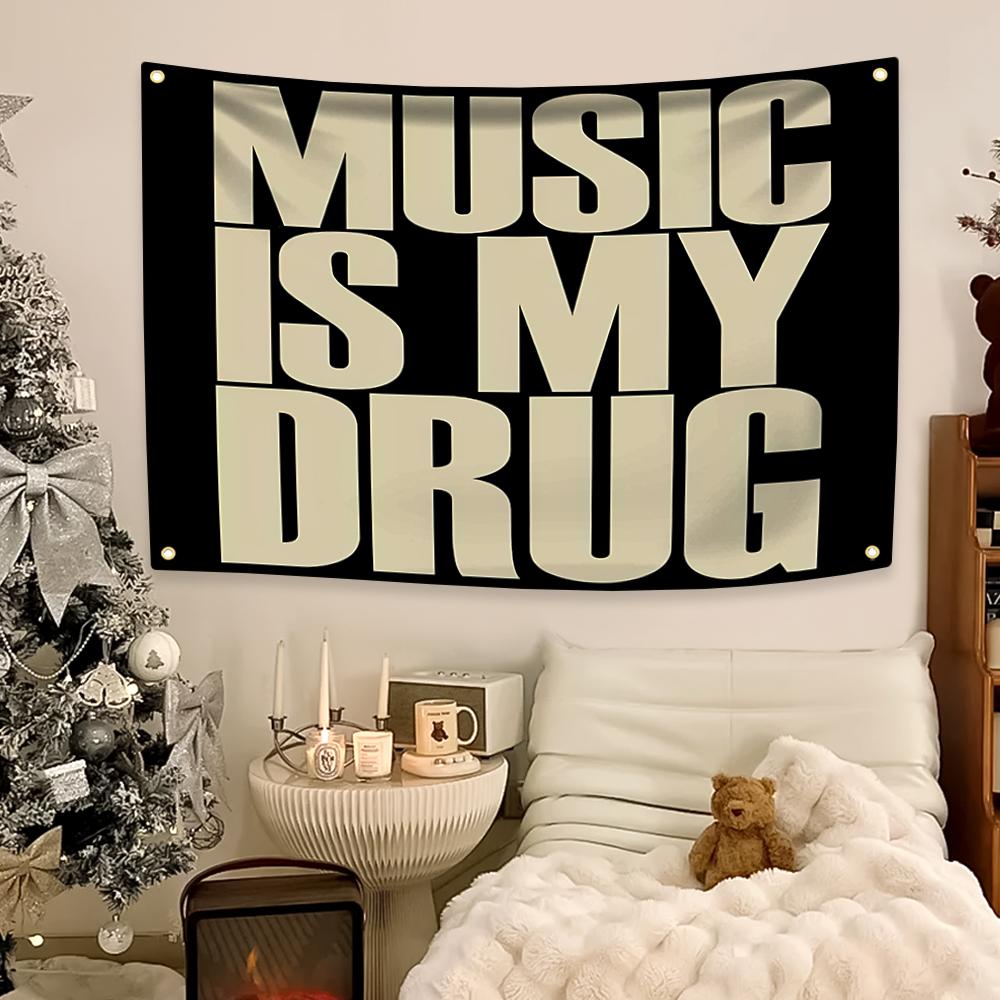 Musical Quote Flag "Music Is My..." With Four Grommets Black Single Sided Musical Banner For Wall Decor Polyester Party Flags