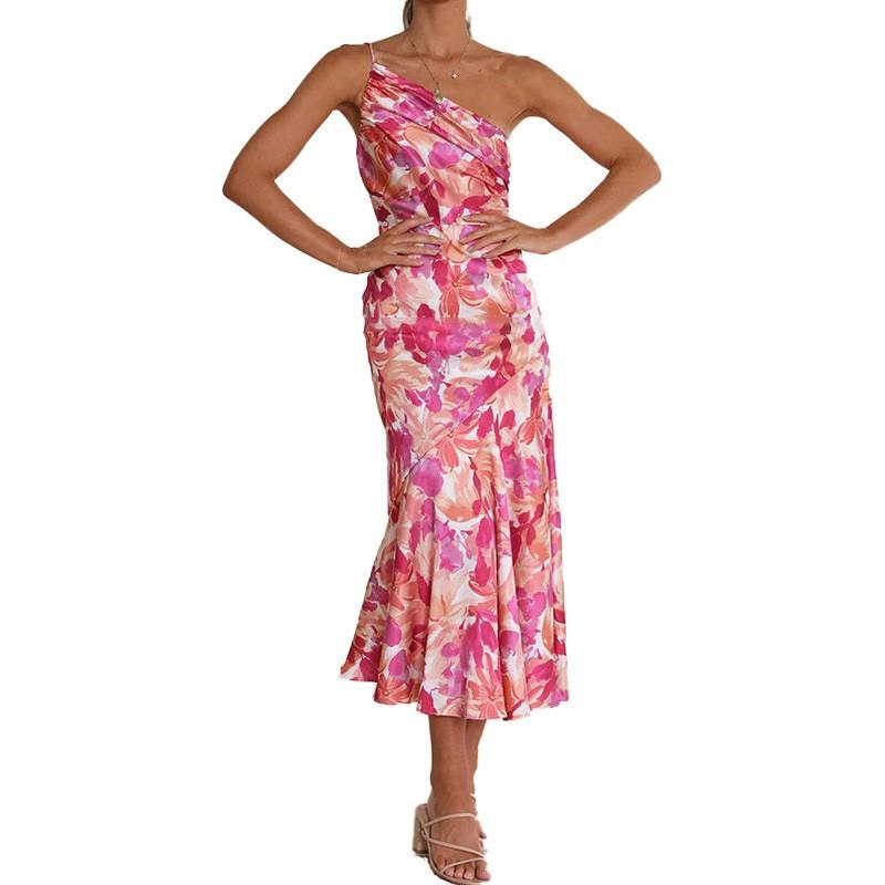 2026 Floral Print Asymmetrical Neckline Sleeveless Wrap-Style Maxi Dress Women High-Waisted Fit Elegant Office Casual