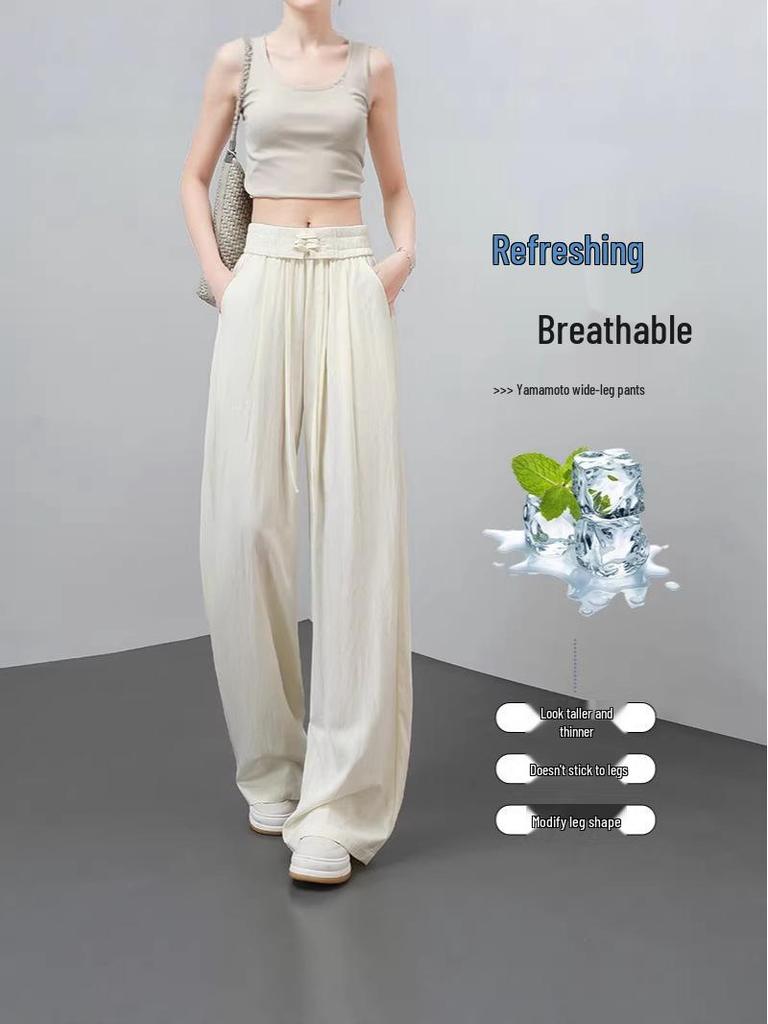 Women's Summer 2026 High-Waist Ice Silk Wide-Leg Pants - White Milk Puff Lazy Style