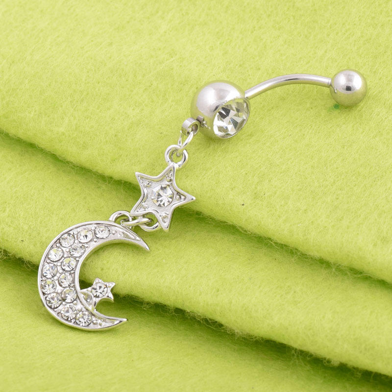 Punk Crystal Moon Dangle Navel Piercing Rings Body 316L Surgical Steel Belly Button Ring Jewelry