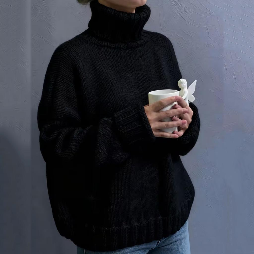Maglione da Donna a Collo Alto a Manica Lunga - Colore Vestibilità Larga Top Casual in Maglia