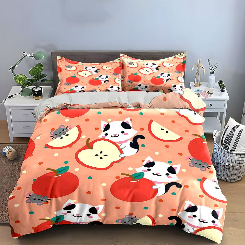 Cartoon Cats Apples Pattern Bedding Duvet Cover Set Duvet Cover Pillowcases (1*Duvet Cover 2*Pillowcases, Without Duvet Insert)