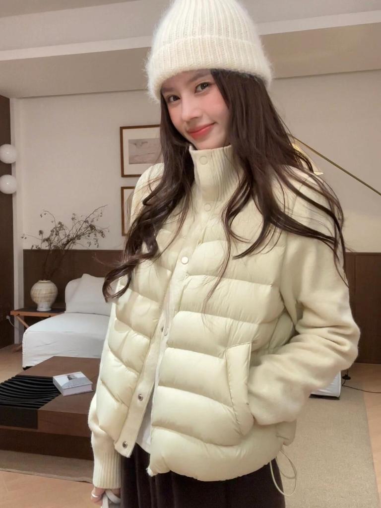 Knitted Stand-up Collar Splicing Cotton Clothes Women's Short Winter New Small Versatile Light Rib Jacket