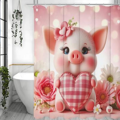Tenda da Doccia Floreale Rosa Maialino Carino Cuore, Tenda da Doccia Decorativa per Bagno, Tenda da Doccia Impermeabile con Ganci