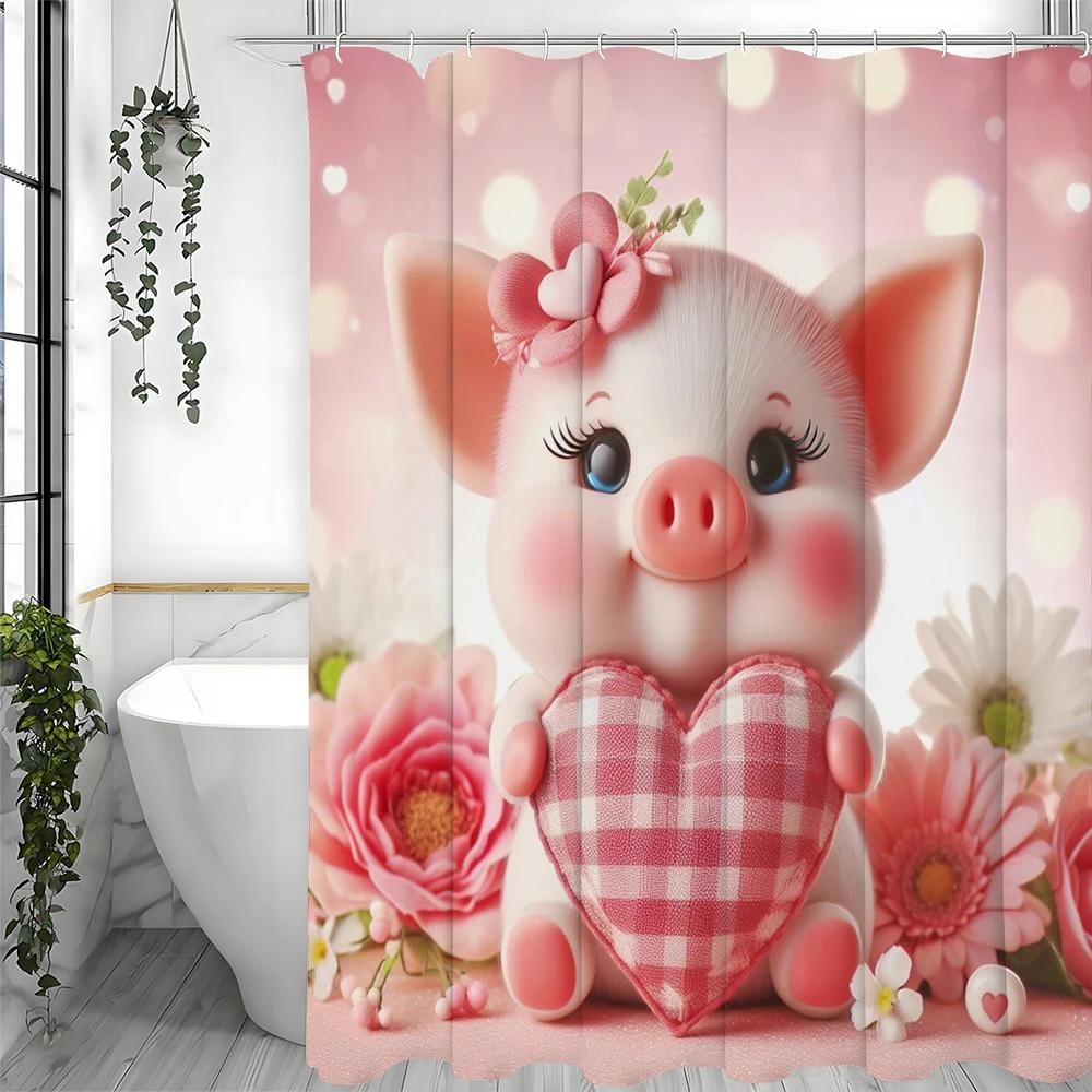 Różowa Urocza Świnka Serce Miłości Kwiatowa Zasłona Prysznicowa, Dekoracyjna Zasłona Prysznicowa do Łazienki, Wodoodporna Zasłona Prysznicowa z Haczykami