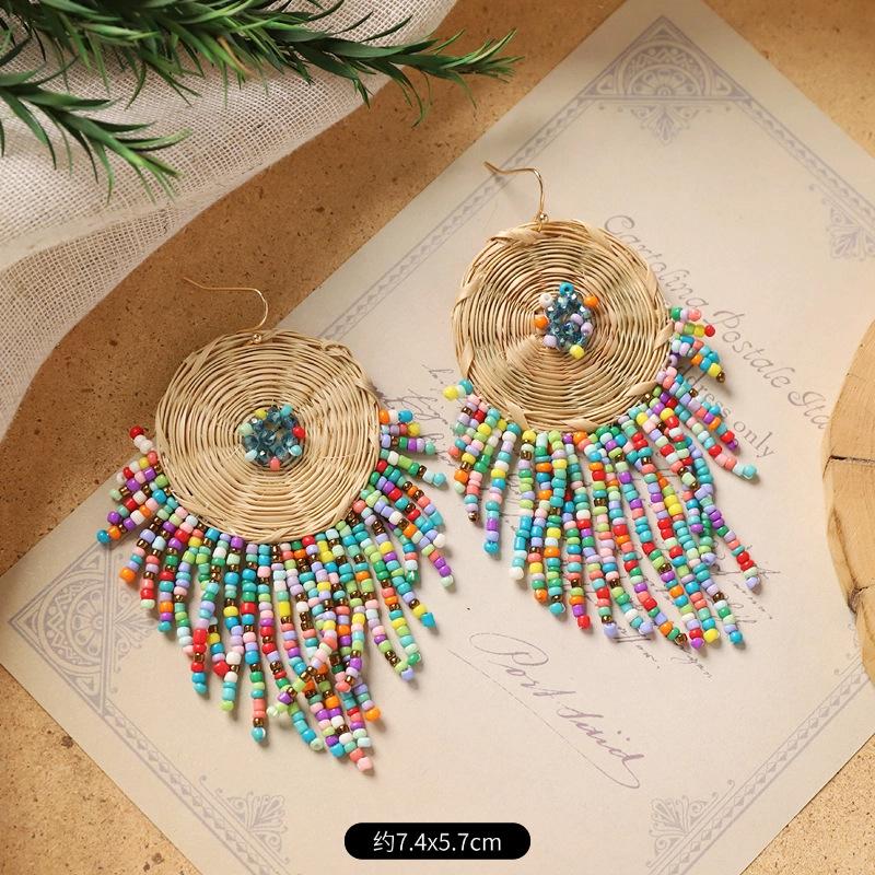Original design bohemian earrings handmade rattan long tassel women's retro niche vacation earrings