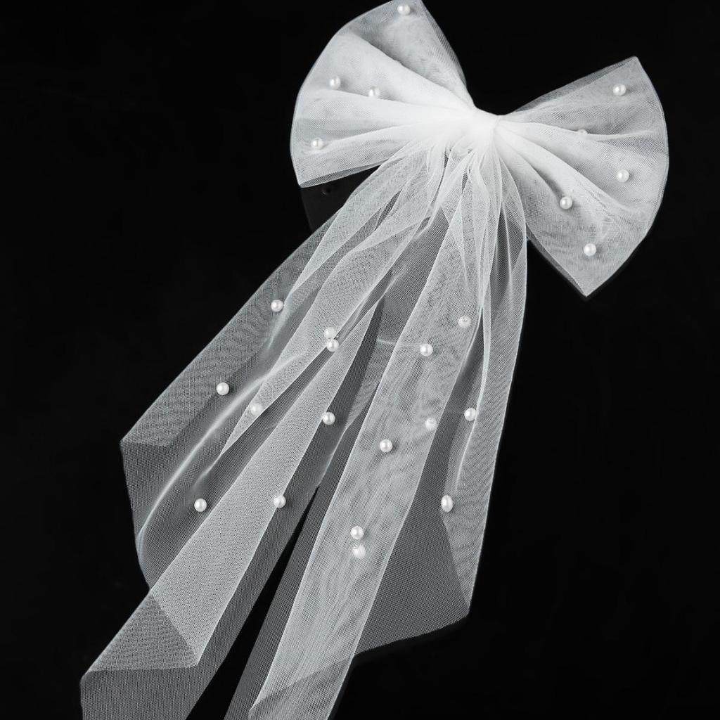 Pearl Bow Mesh Veil Headpiece for Bridesmaid & Wedding Dress Hair Clip