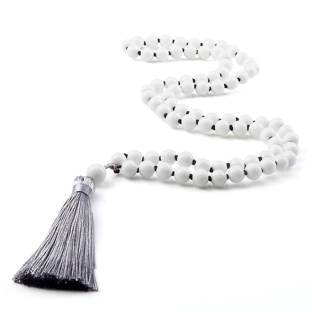 European 8mm Stone Bead Tassel Necklace and Multi-Strand Buddhist Bead Bracelet