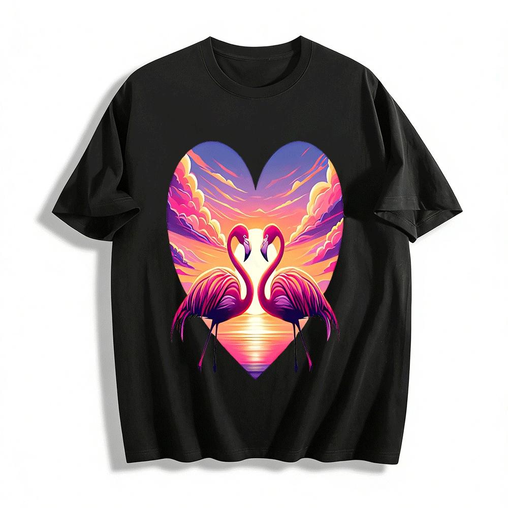Sunset Flamingo Heart Print Casual Top Pure cotton T-shirt XXS