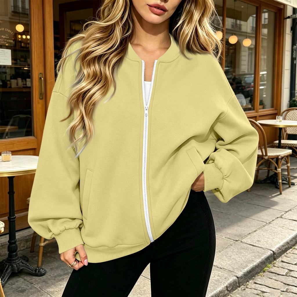 Women's Long Sleeve V-Neck Zip-Up Jacket, Casual Color Loose Fit Outerwear