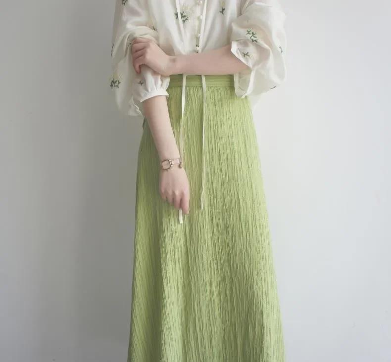 JOJOZ Vintage Tencel Shirt with Apricot Floral Embroidery & Green Leaf Tie-Up Lantern Sleeves - Perfect for Spring/Summer.