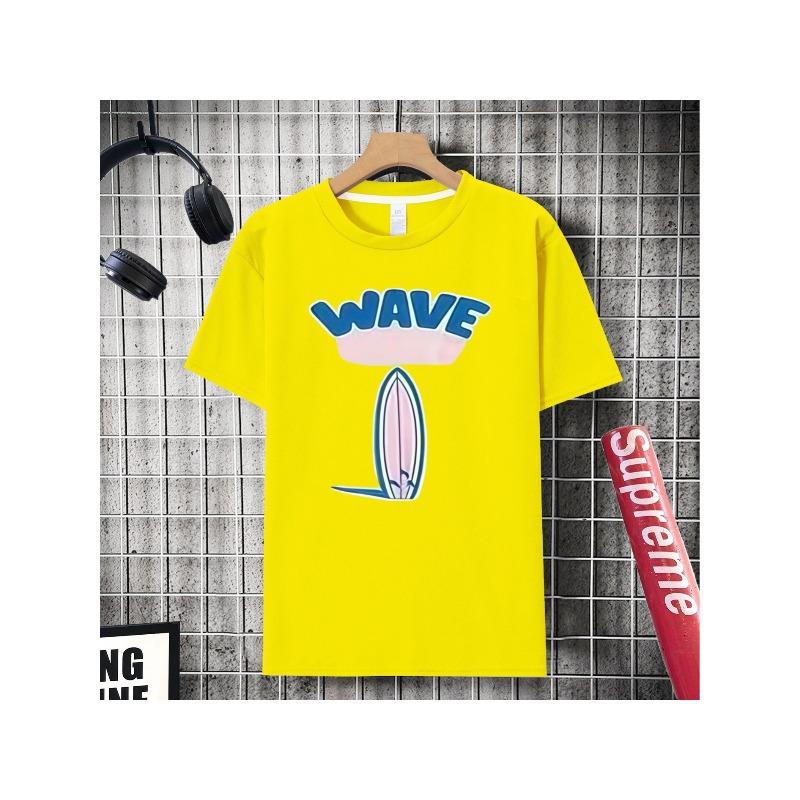 European sizes Cartoon Wave Surfboard Print T-Shirt, Fun Beach Surf Theme Short Sleeve for Boys and Girls, Pink Clouds and Blue Fin Pattern