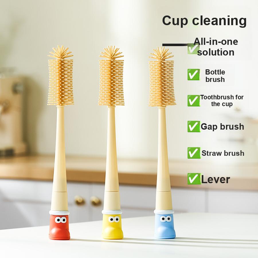 Cup Brush with Long Handle, 5-in-1 Multi-Functional Cleaning Brush for Thermos Flask Lids and Baby Bottles