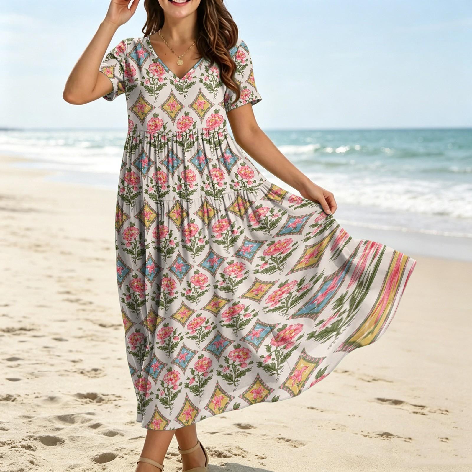 

Women Casual Loose Bohemian Style Floral Print Short Sleeve V Neck Maxi Dress Lightweight Flowing Fit for Daily Wear XXL