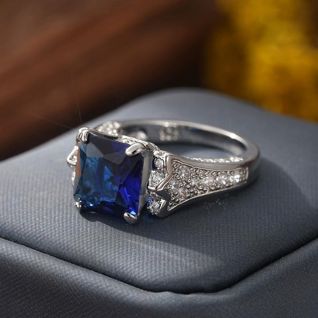 Retro Square Purple Stone Sterling Silver Rings for Women Created Imitation Blue Sapphire Princess Cut Rings Wedding