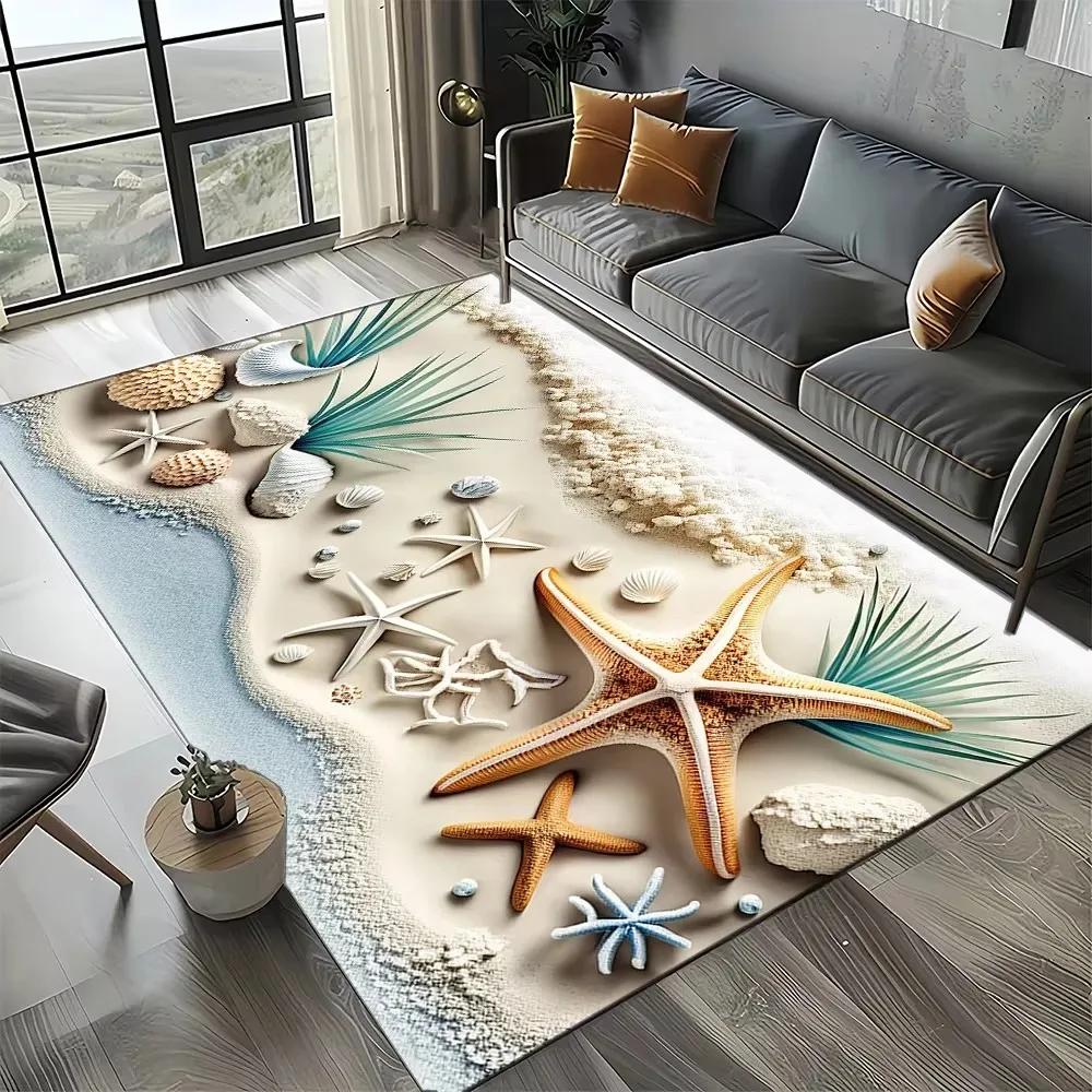 Starfish Beach Shell Sand Pattern Area Rug Coastal Ocean Carpet for Living Room Bedroom Kids Play Room Non-Slip Floor Mat