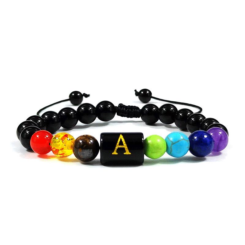European Obsidian Alphabet Bracelet: Adjustable Seven-Color Rainbow Yoga Design for Men and Women