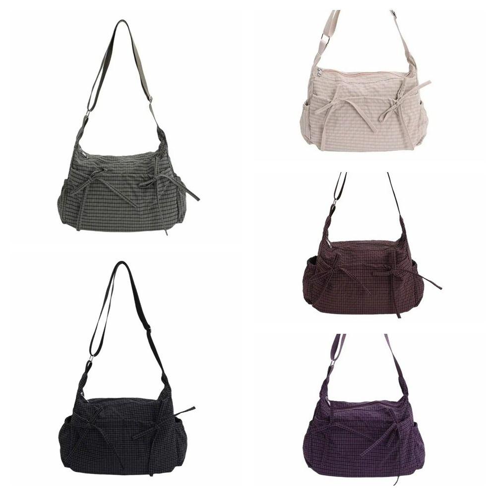Multiple Pockets Nylon Shoulder Bag Grid Hobo Bag Sweet Bow Crossbody Bag  Outdoor