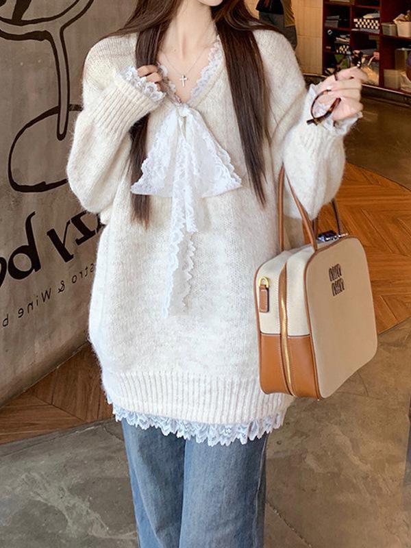 Women's Lace Splicing Long-Sleeve Loose Sweater - Cozy, Thick Knit Pullover for Autumn/Winter