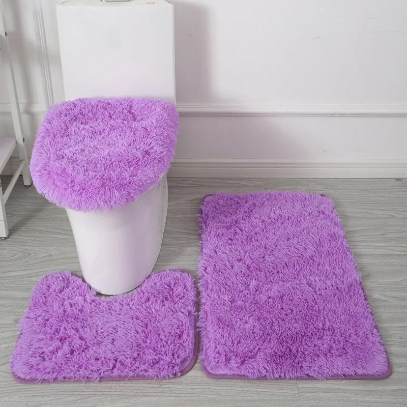 3 STKS/set Effen Kleur Huis Tapijten Toiletdeksel Hoes Kleden Kit Antislip Voetmat voor Badkamervloer Badkleed Voetmat 3PCS set paars