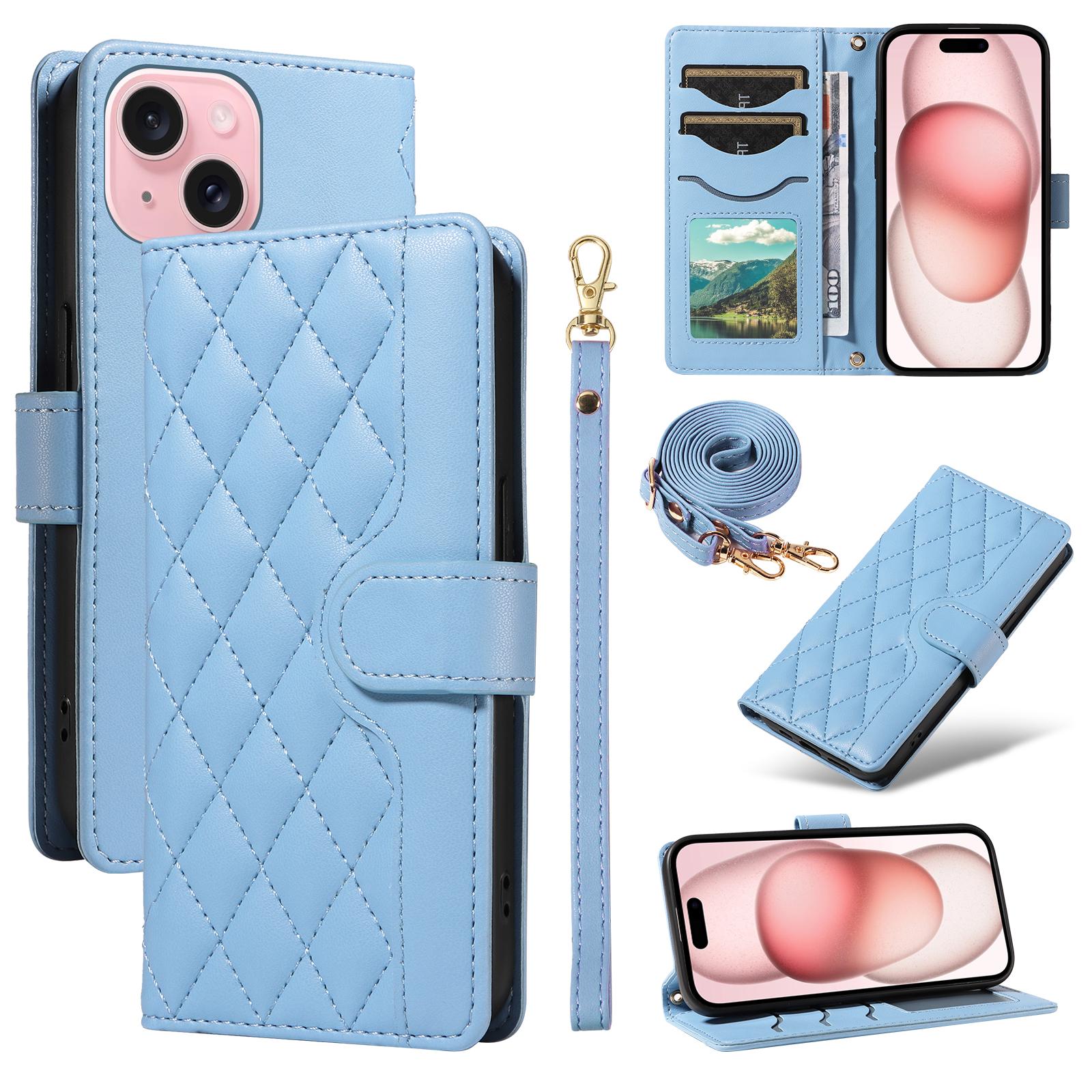 

Для iPhone 15 чехол с 3 отделениями для карт кошелек ромб кожаный чехол для телефона плечевой ремень ремешок на запястье Blue