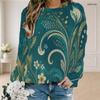 Women Plus Size Round Neck Long Sleeve Floral Printed Teal Green Ribbed Cuffs Sweatshirt