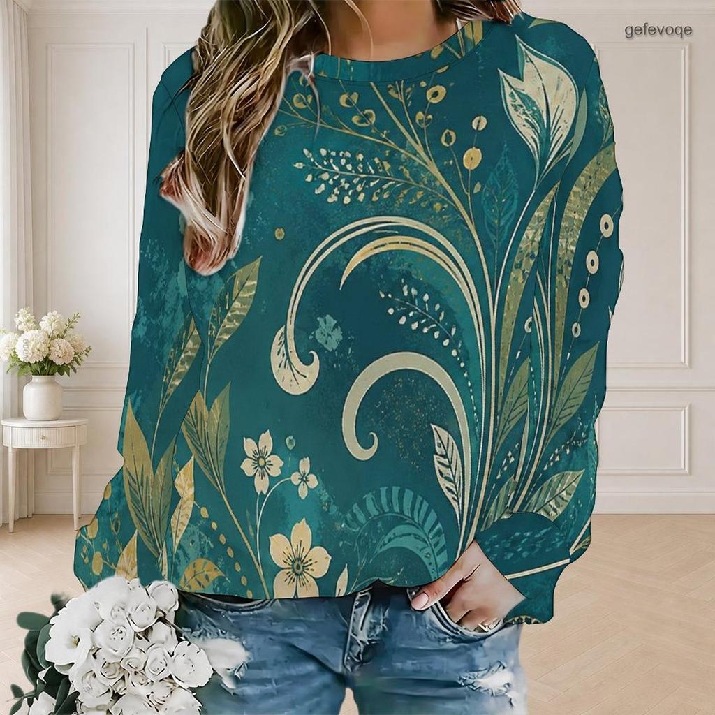 Women Plus Size Round Neck Long Sleeve Floral Printed Teal Green Ribbed Cuffs Sweatshirt