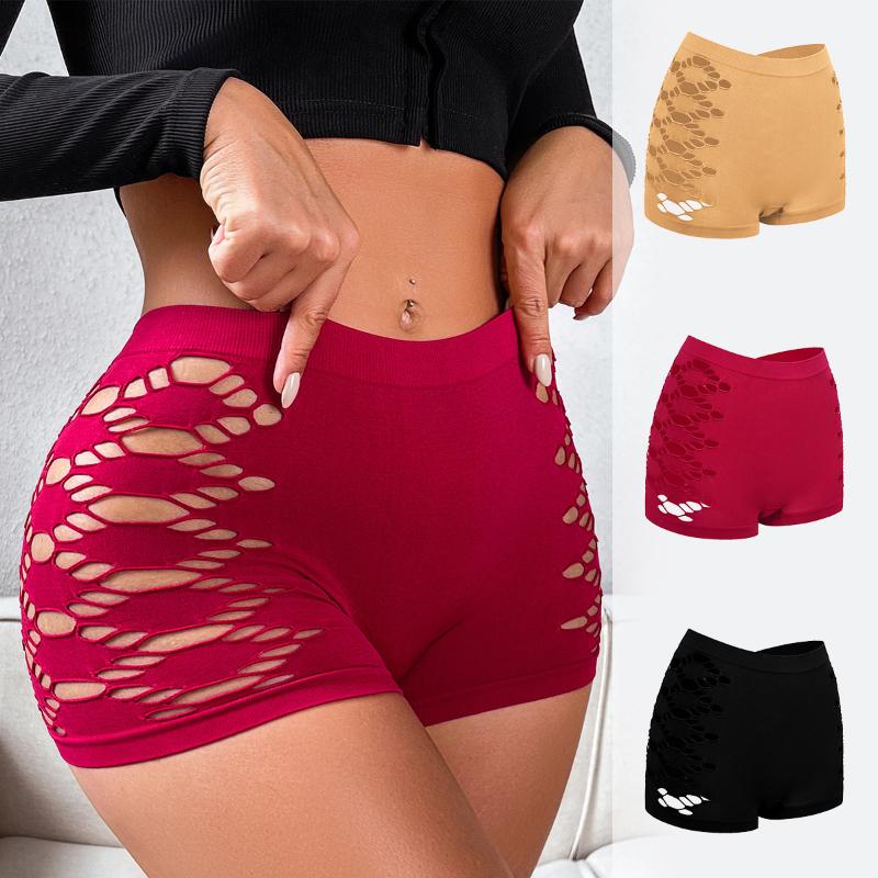 3PCS Sexy Side Hollowed-out Boxer Briefs Women Solid Color Seamless Underwear Simple Safety Pants Mid-waist Comfortable Panties