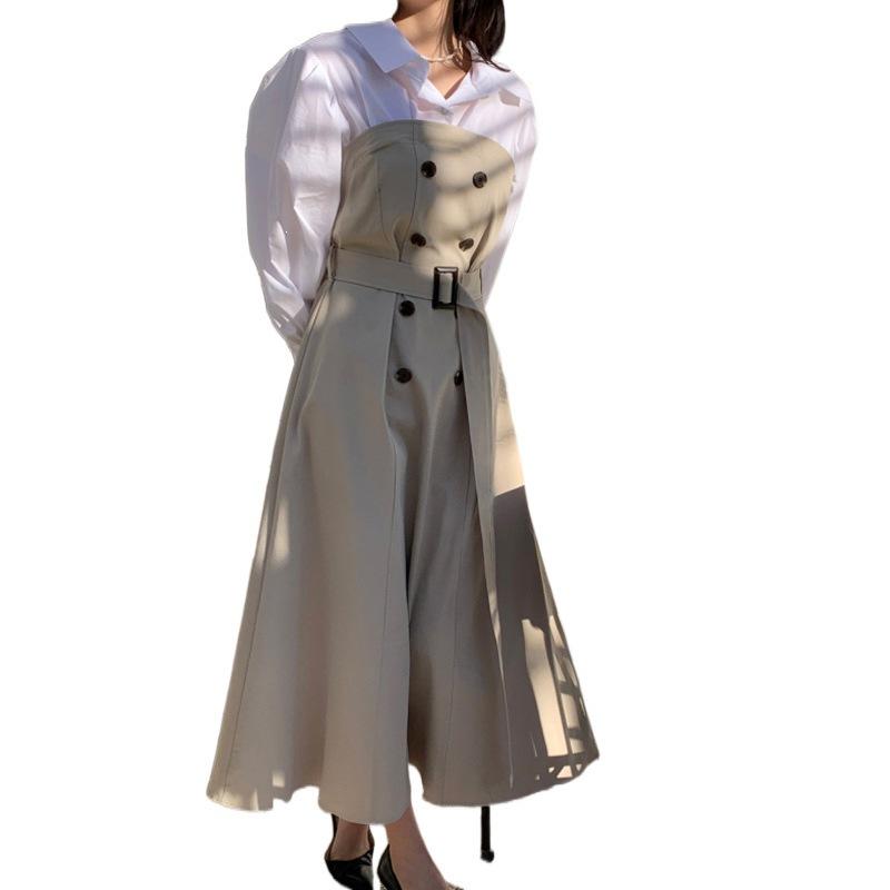 Модное Элегантное Женское Пальто-тренч, Двубортный Пальто-тренч с Рубашечным Пэчворком, Платье-обманка из Двух Частей One size абрикосовый
