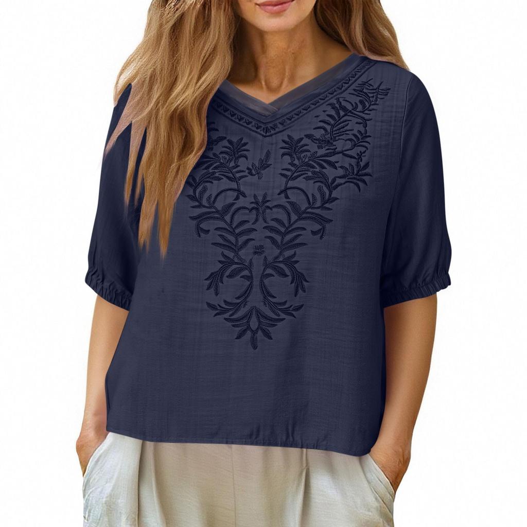 Womens Embroidered Tops Half Sleeve V Neck Shirts Loose Casual  Tops Retro Blouses