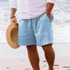 Men's Summer Cotton-Linen Shorts Drawstring Elastic Waistband Straight Leg Solid Color Breathable Casual Beach Shorts Mid-Length