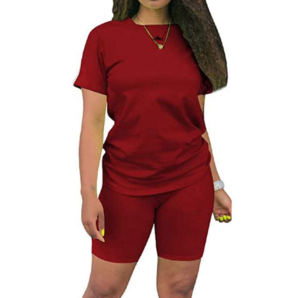 Women's 2 Piece Casual Sports Solid Color Suit Short Sleeve Top And Pants Set