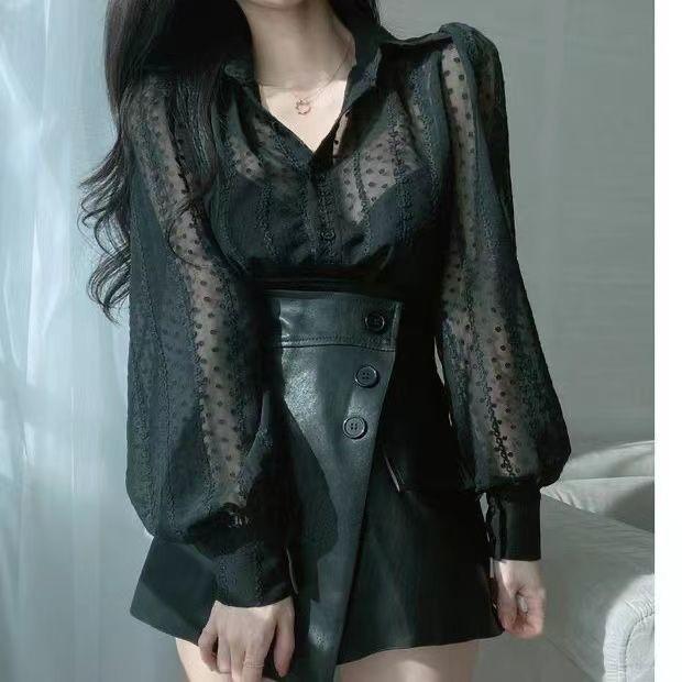 Autumn 2026 Elegant Embroidered Puff Sleeve Crochet Shirt for Women