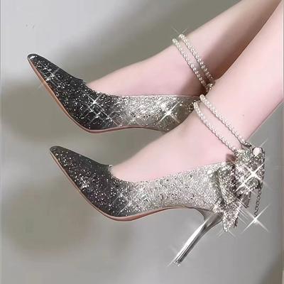 Escarpins à talons fins et brillants pour femmes, chaussures de soirée à enfiler en cristal scintillant, chaussures à talons hauts à bout pointu et à paillettes