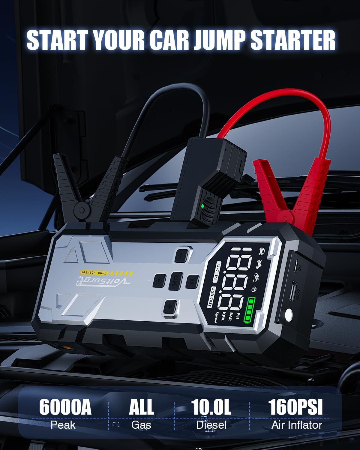 

6000A Jump Starter with Air Compressor, 12V Portable Car Battery Booster, LCD Display, 150PSI Inflator, Lights & Cable United States
