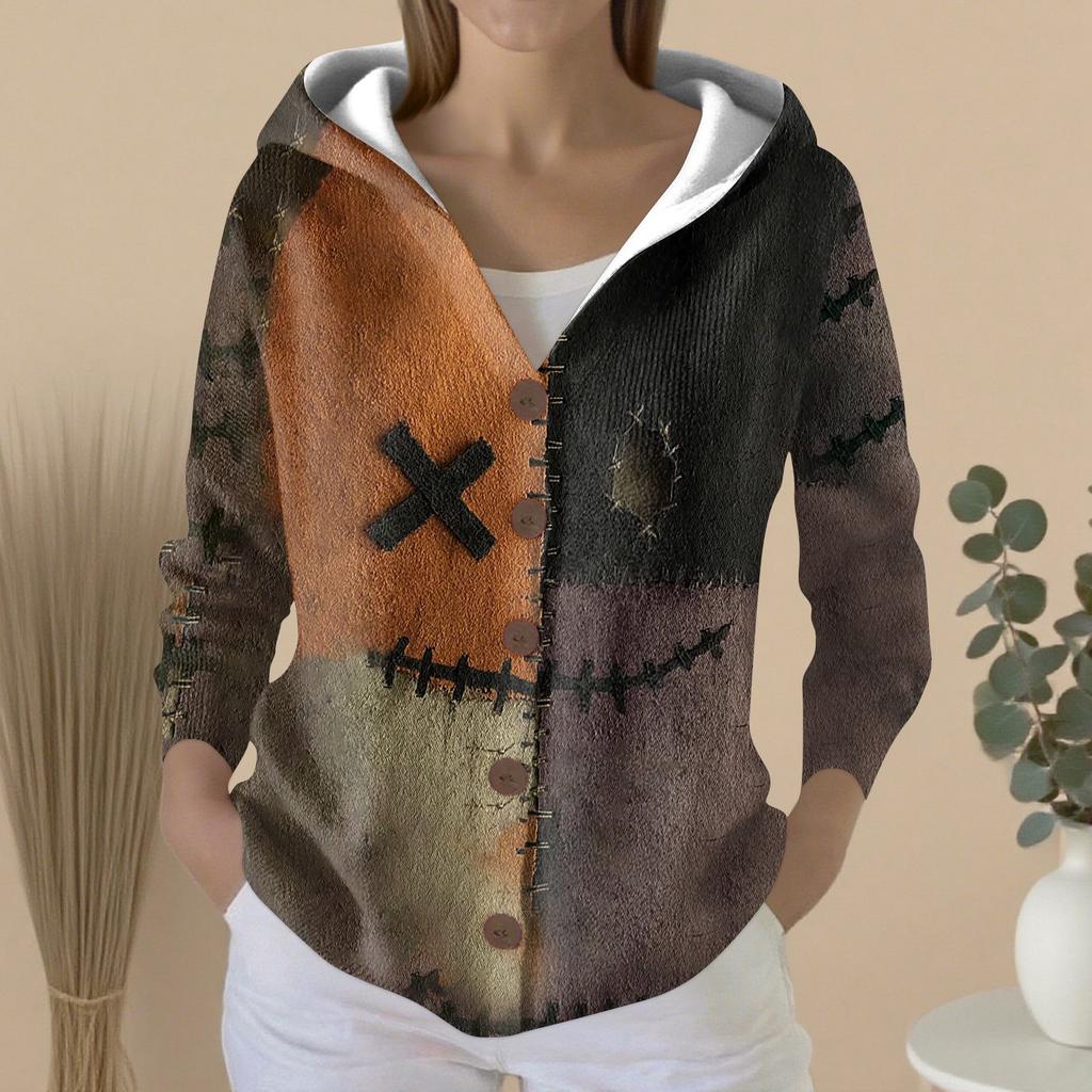 Mote for kvinner, avslappet genser, knappestrikkejakke med trykk, hettejakke