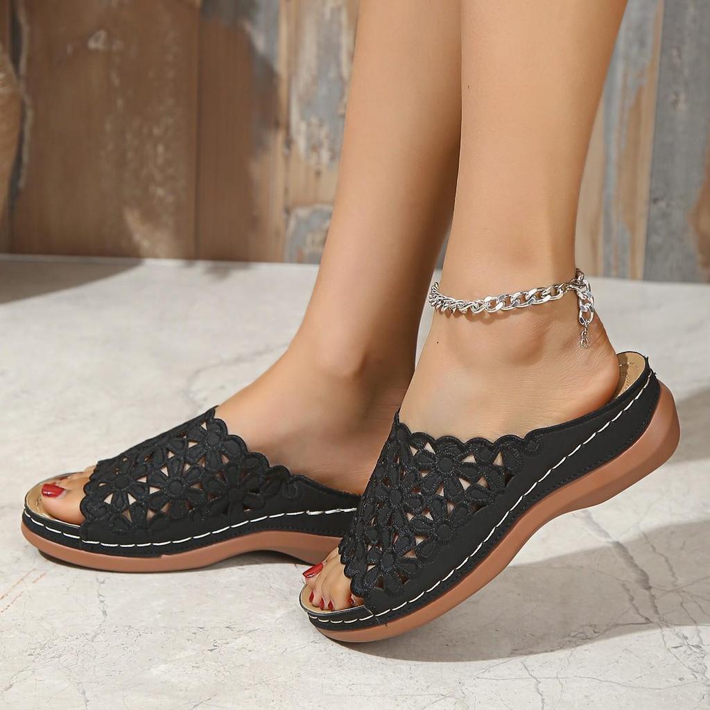 Sandales à Talons Bas Mode Femme Grande Taille Nouveau Style Été Euro Américain Fleurs Creuses Claquettes à Une Bride
