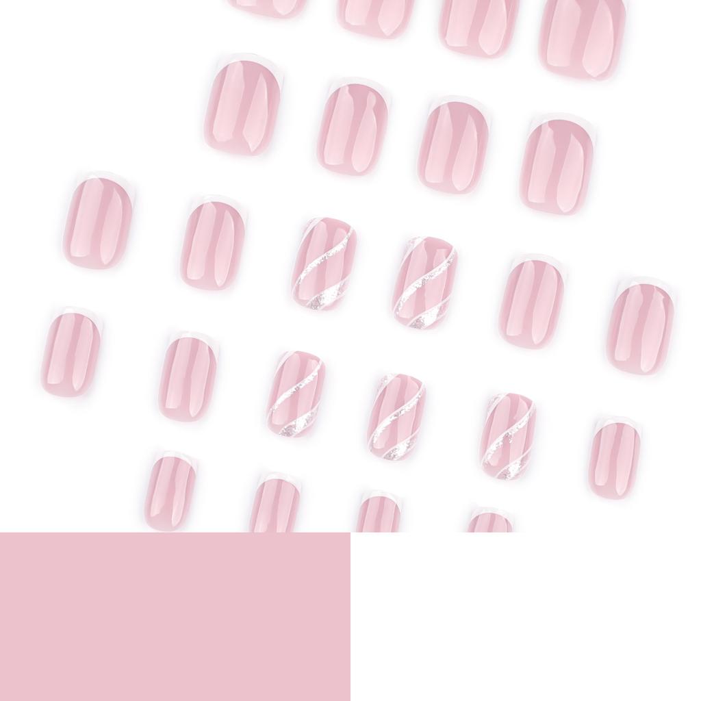 24 Stück einfache weiße künstliche Nägel, kurze quadratische Nagelkunst, wellig, flash-rosa gestreift, tragbare Nägel