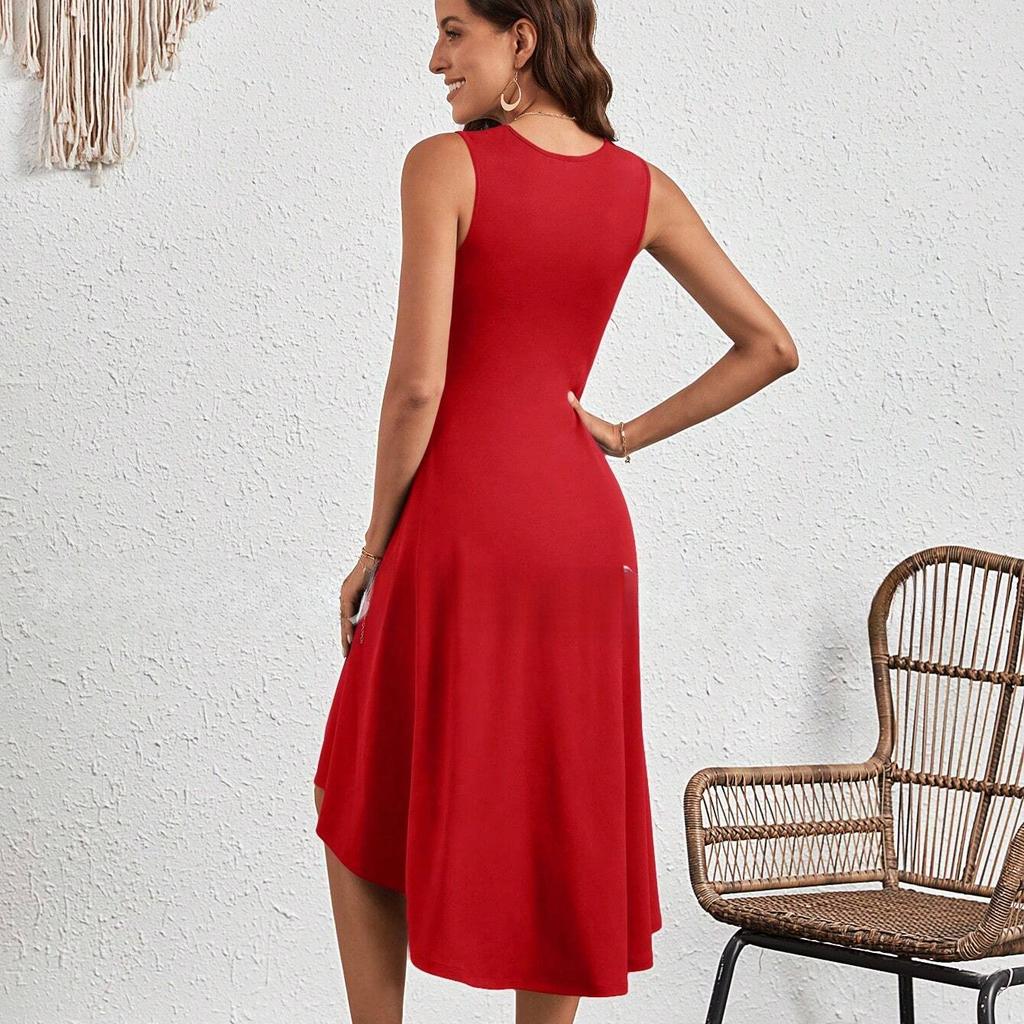 Sommer Damenkleid Sommermode Ärmellos Einfarbig A-Linie Knitterkleider