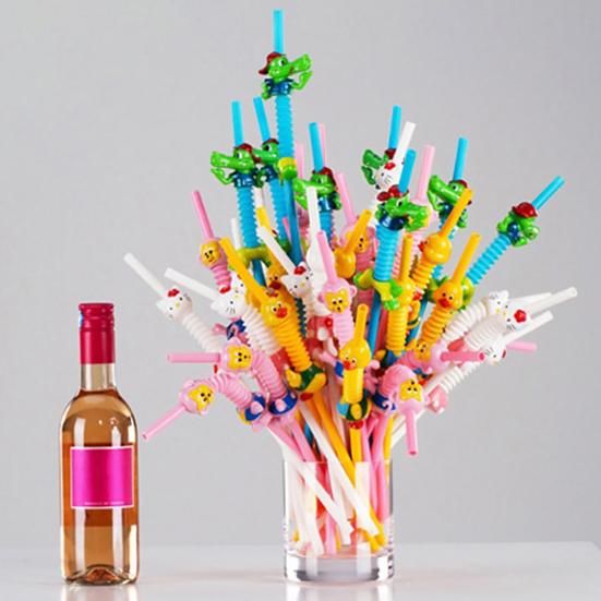 Plastic Cartoon Animal Cat Duck Reusable Drinking Straw Beverage Pipe with Brush
