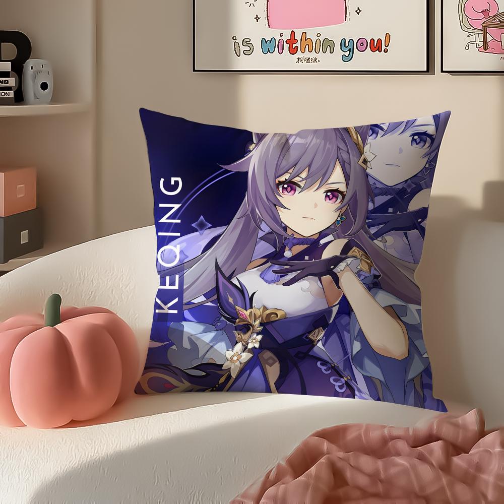 Game Genshin Keqing Cushion Cover Pillowcase Short Plush Invisible zipper Room Sofa Cushion Cover