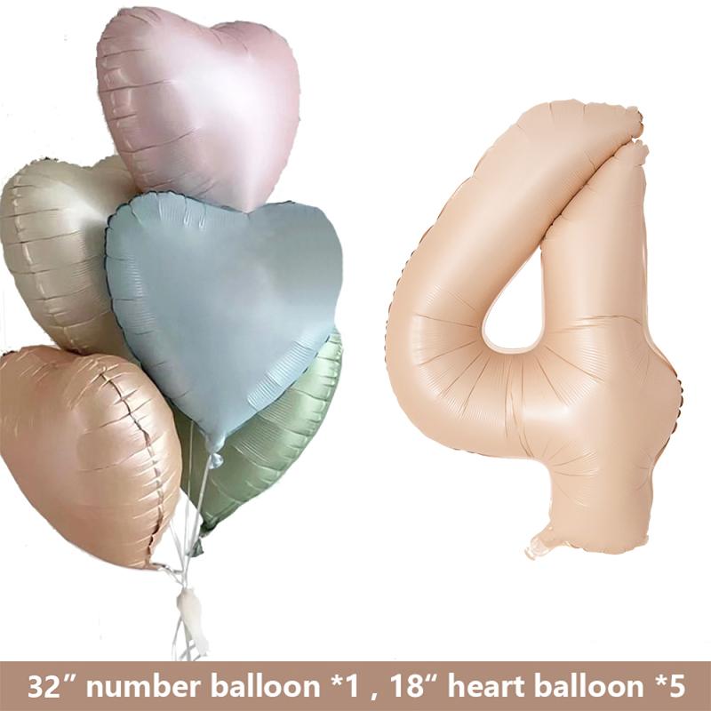 1set Retro Caramel Heart Balloons with 32inch Number Foil Balloon For Kids 1st Birthday Party DIY Decoration Supplies Wedding