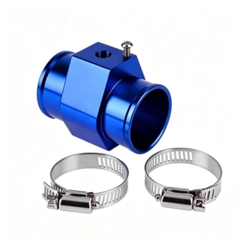 Water Temperature Sensor Tee Aluminum Alloy Blue 32mm Hose Connector with Clamps