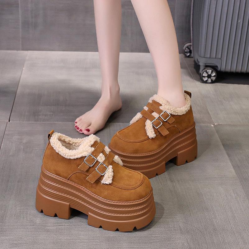 10CM Suede Cow Genuine Leather Platform Wedge Winter Plush Autumn Boots Spring Women Ankle Booties Shoes Chimney