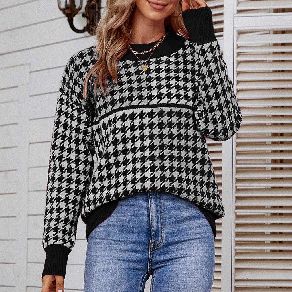 Ladies Fashion Casual Loose Knit Contrast Houndstooth Pullover Sweater