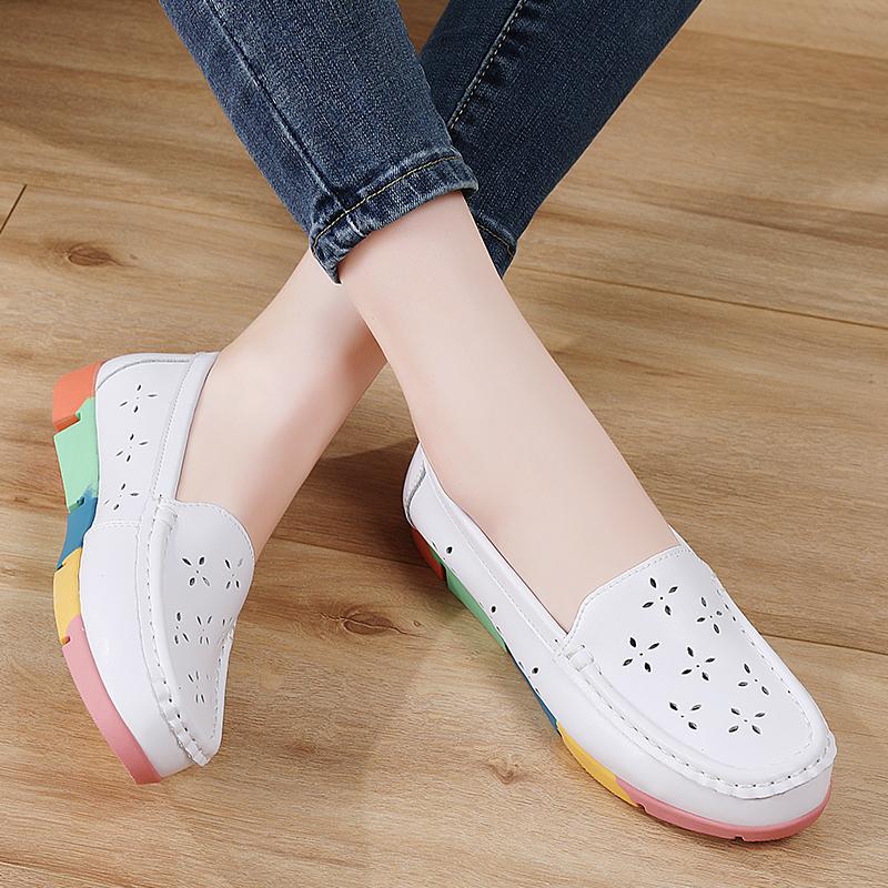 Women’s Moccasins Summer Loafers White Leather Driving Flats Casual Slip on Soft Nurse Shoes Black Walking Shoes