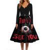 Womens Casual V Neck Halloween Print Vintage Dress Long Sleeve Retro Fit and Flare Midi Dress with Waist Tie Belt